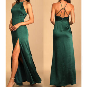 LULU'S XS Make it Elegant Emerald Halter Green Satin Strappy Maxi Dress 0B17